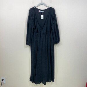 NEW Free People Beach Maxi  Wrap Dress Women's XL  Black Boho Long Sleeve NWT
